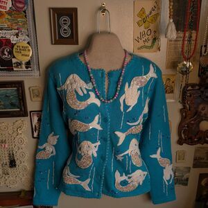 Vintage Mermaid Cardigan Sweater Women's Large Blue Ugly Sparkly Beaded